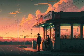 An lofi anime style street with a small shop and two characters standing nearby, set against a warm sunset with an orange sky, generative ai