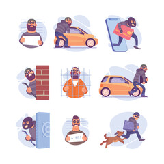 Man Criminal in Mask Committing Crime Engaged in Theft Vector Set