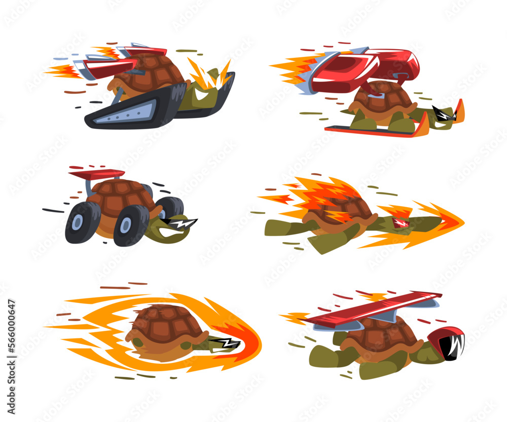 Aufkleber funny turtle riding fast with rocket booster having energy moving forward vector set