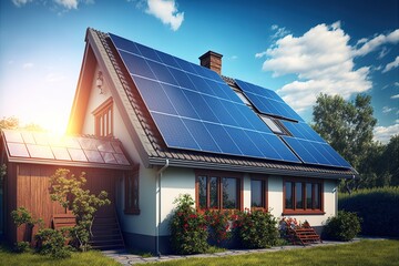 Solar panels on roofs of rural houses allow living far from cities with electrical comfort. Ai generated.