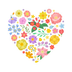 Floral Heart Shaped Composition with Blooming Fragrant Garden Flower Vector Template