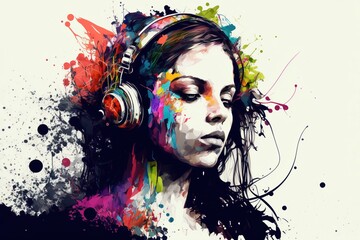 A colorful painting of a woman wearing headphones, with vibrant color splashes on a white background, generative ai