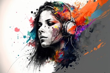 A colorful painting of a woman wearing headphones, with vibrant color splashes on a white background, generative ai