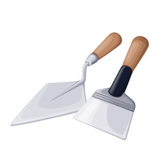 Trowel and spatula vector illustration. Cartoon isolated small tools of mason and bricklayer with wood handle for hand and stainless steel scraper, trowel instrument for buttering of plastering