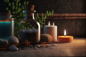 Obraz na płótnie Canvas a table topped with candles and rocks next to a jar filled with sand and rocks and a candle on top of a wooden table next to a potted plant. generative ai