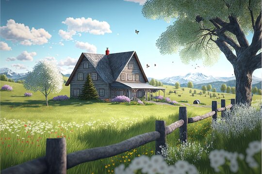  a painting of a house in a field with a fence and flowers in the foreground and a tree in the foreground with a bird flying in the background.  generative ai
