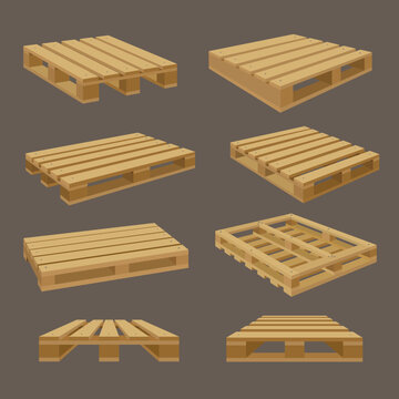 Wooden pallet. Shopping box and places for warehouse stacking pallet for merchandise recent vector illustrations in cartoon style