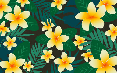 Fototapeta na wymiar Tropical floral horizontal background with plumeria flowers, palm green leaves. 