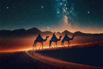  three camels walking in the desert at night with the stars in the sky above them and the milky in the distance, with a bright star filled sky above them.  generative ai