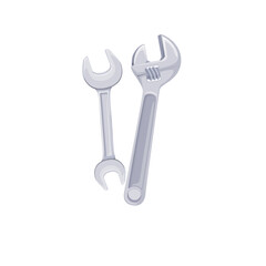 Wrench and spanner vector illustration. Cartoon isolated mechanic chrome tools of maintenance service worker and plumber, combo of metal wrench keys with handles to tighten and screw steel bolts