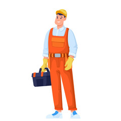 Repair worker holding toolbox vector illustration. Cartoon isolated male construction worker in helmet and uniform, man with toolkit and diy tools in plastic box for maintenance and repair works
