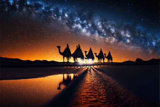  A Group Of People Riding Camels Across A Desert Under A Night Sky With Stars And A Star Filled Sky Behind Them, With A Line Of Three People Riding On Camels In The Foreground.  Generative Ai