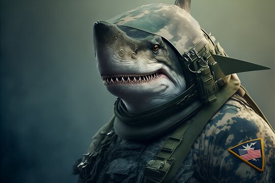 Portrait of a shark in a military uniform, generative ai