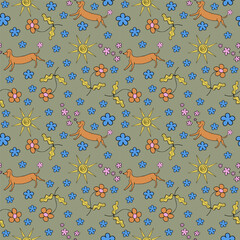 Cute seamless repeating pattern with flowers and a dog on a green-brown background, funny motif. Hand drawn for textile, wrapping paper and packaging design