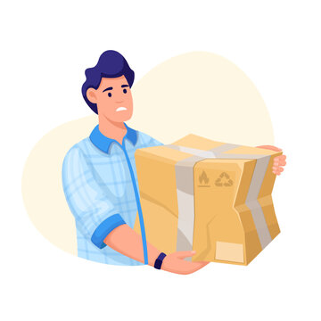 Sad customer holding broken cardboard box vector illustration. Cartoon isolated young upset man carrying package in damaged and crumpled carton box, person angry due to problem of delivery service