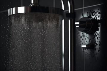  a shower head with rain coming out of it's side and a shower head with water running down it's side and a black tiled wall behind it.  generative ai