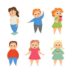 Obraz na płótnie Canvas Overweight Chubby Girls and Boys and Cute Plump Kids Characters Vector Set
