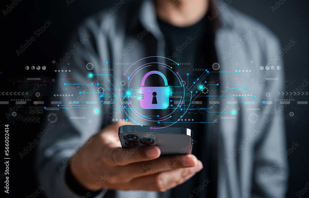 Aufkleber Cybersecurity and privacy concepts to protect data. businessman with internet network security technology. Businessman locking personal data on smartphone. cyber security concept.
