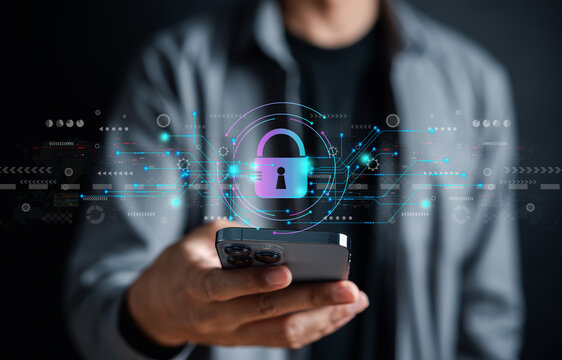 Cybersecurity and privacy concepts to protect data. businessman with internet network security technology. Businessman locking personal data on smartphone. cyber security concept.