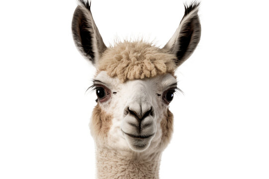 Charming Llama: Closeup Portrait of Adorable Camelid Animal Peering into the Camera on a Transparent Background