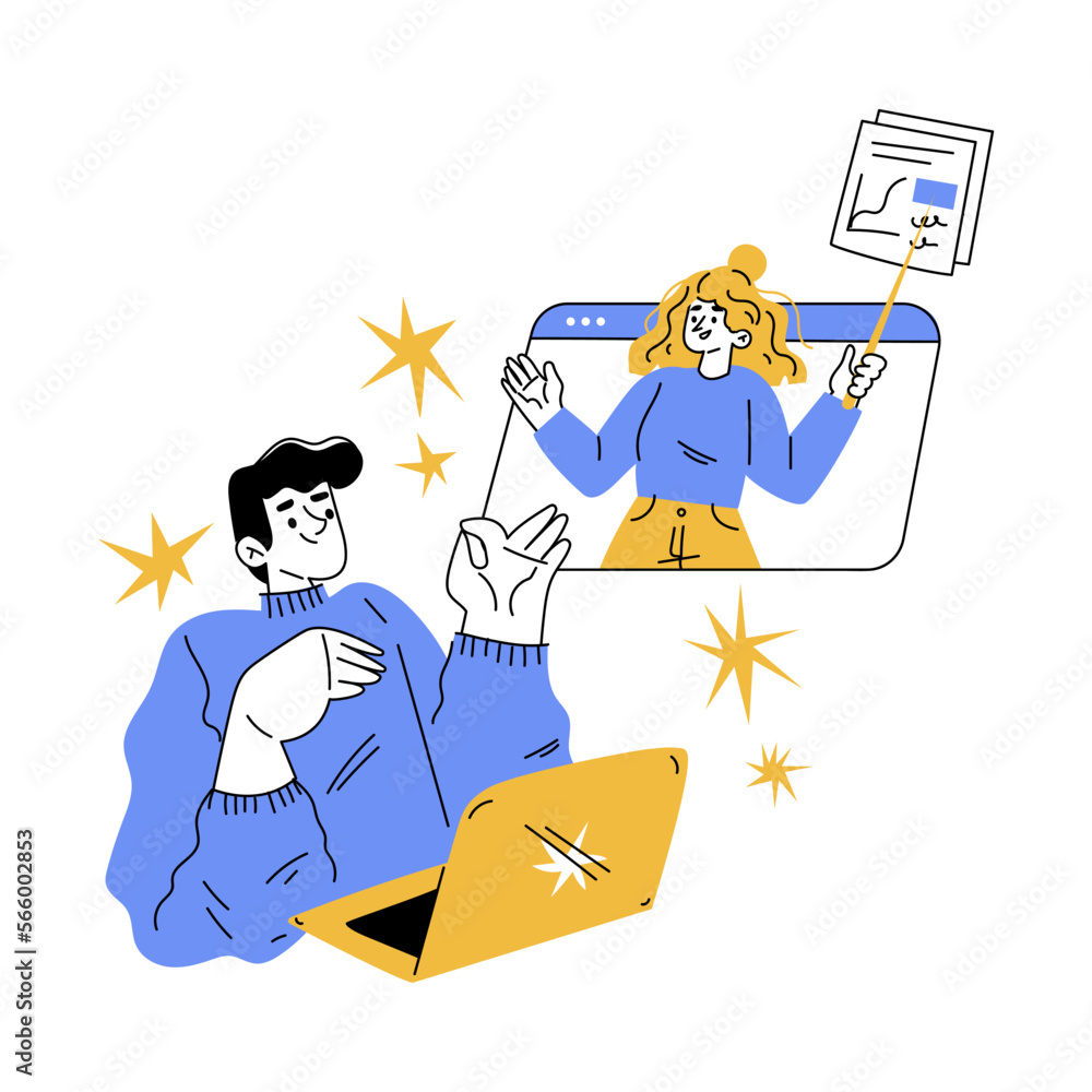 Poster education with man character at laptop studying and learning discipline at web platform vector illus