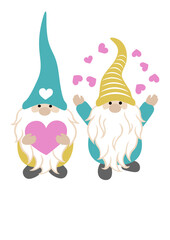 Two gnomes with hearts. Pink and green. Valentine's day design art. Isolated on transparent background.