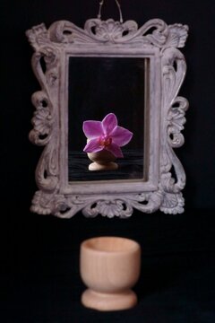 The wooden vase stands next to the mirror and looks at its reflection decorated with an orchid.