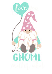 Love Gnome art. Baloon heart. Pink and blue. Valentine's day design art. Isolated on transparent background.