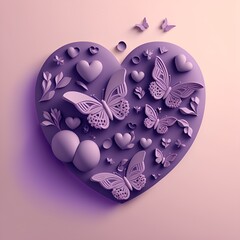 a beautiful 3d heart, with beautiful butterflies, generative AI
