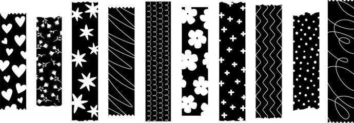 Fototapeta Washi tapes pieces, black and white decor scotch decorative elements. Isolated glue tape with hearts, waves, flowers and stars vector set obraz