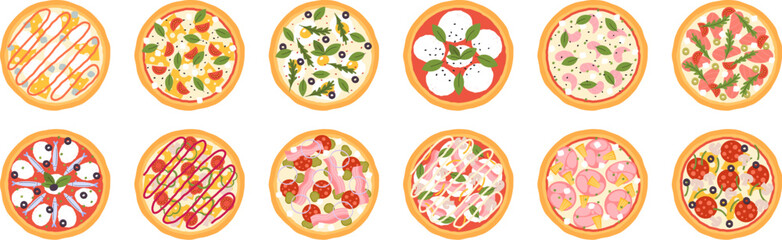 Fototapeta na wymiar Cartoon pizza icons. Isolated cheesy pizza with sauces, tasty italian cuisine icons. Pizzeria food top view, margherita and pepperoni racy vector set