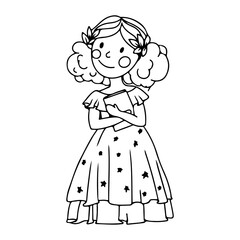 Cute princess in a ball gown. Coloring book A girl in a magical costume. Middle Ages. Vector illustration isolated on white background.