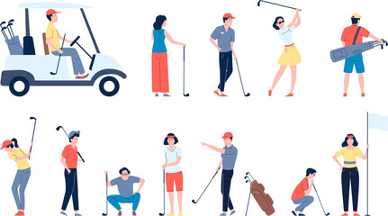 Fototapeta na wymiar Golf players flat characters. Golfer men and women play. Sport champion, golf club sporting and relaxing time. Fun active person recent vector set