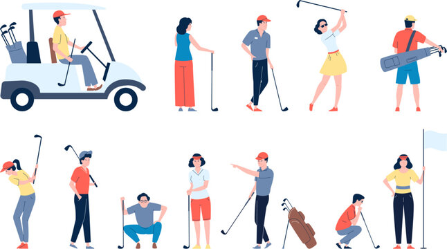 Golf players flat characters. Golfer men and women play. Sport champion, golf club sporting and relaxing time. Fun active person recent vector set