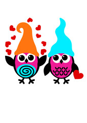 Owls with hearts. Valentine's day art. Isolated on transparent background.