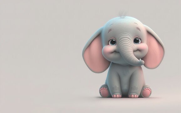 adorable grey elephant baby sitting with cute smile. Cheeful mascot elephant child in cartoon disney pixar style with empty space for text. AI generated digital art
