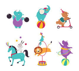 Cute Circus Animal Characters Tame Artist Performing Trick Vector Set