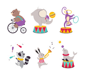 Cute Circus Animal Characters Tame Artist Performing Trick Vector Set