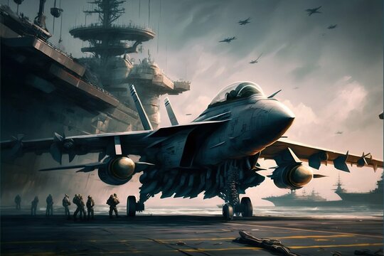 Airplane fighter on aircraft carrier. Generative Ai