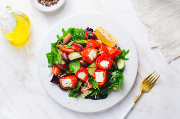 Greek Salad, Fresh Salad with Feta Cheese and Roasted Bell Peppers, Healthy Food