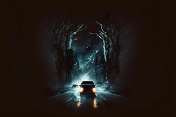 mysterious car driving on a road at night. background is black