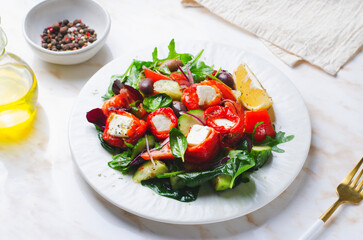 Greek Salad, Fresh Salad with Feta Cheese and Roasted Bell Peppers, Healthy Food