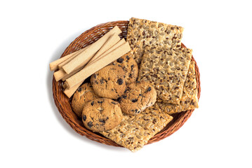 basket with cookies on isolated white background