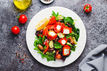 Greek Salad, Fresh Salad with Feta Cheese and Roasted Bell Peppers, Healthy Food