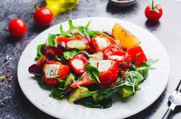 Greek Salad, Fresh Salad with Feta Cheese and Roasted Bell Peppers, Healthy Food
