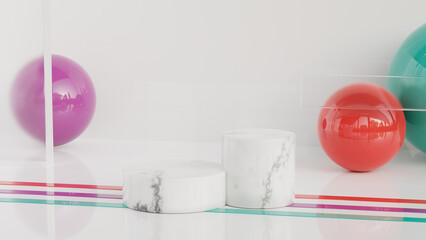Podium with Spheres for beauty and fashion products. 3D render, Templates, Mock up, Background, Premium.
