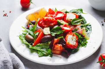 Greek Salad, Fresh Salad with Feta Cheese and Roasted Bell Peppers, Healthy Food