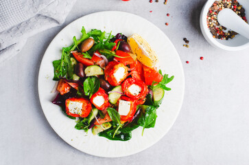 Greek Salad, Fresh Salad with Feta Cheese and Roasted Bell Peppers, Healthy Food