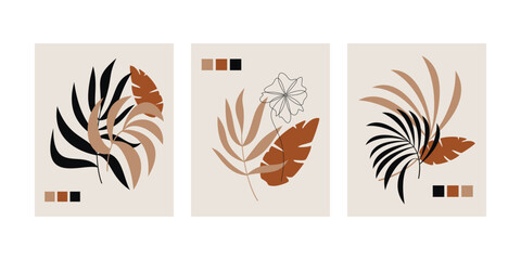 Vector set of modern abstract floral posters. Hand drawn flat palm leaves. Tropical wallpaper, botanical print, wall art, background, home decor, card, invitation, banner, cover, poster, brochure.
