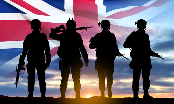 Silhouettes of a soldiers with United Kingdom flag on background of sky. Background for Remembrance Day. United Kingdom Armed Forces concept. EPS10 vector